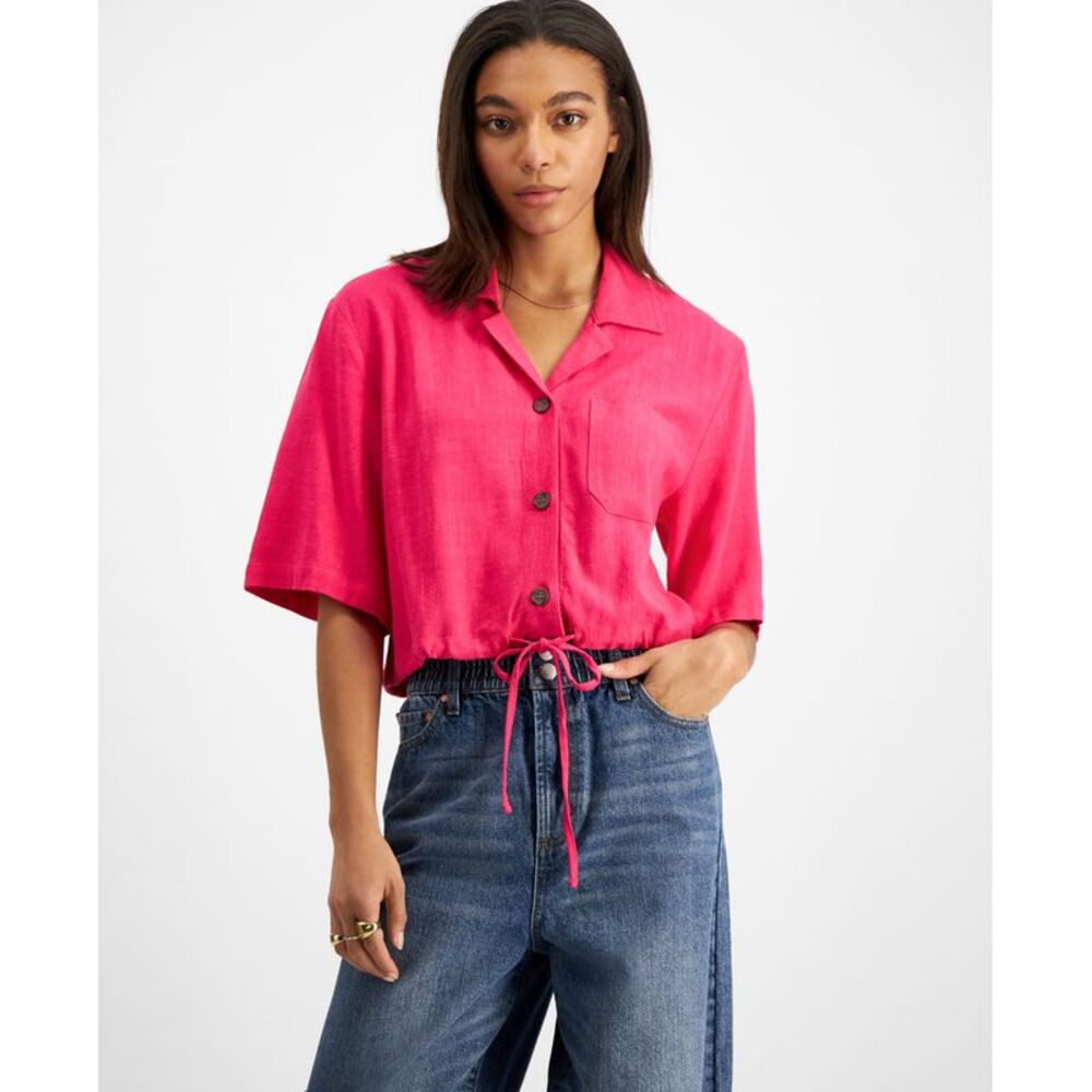 And Now This Now This Womens Tie Hem Cropped Shirt